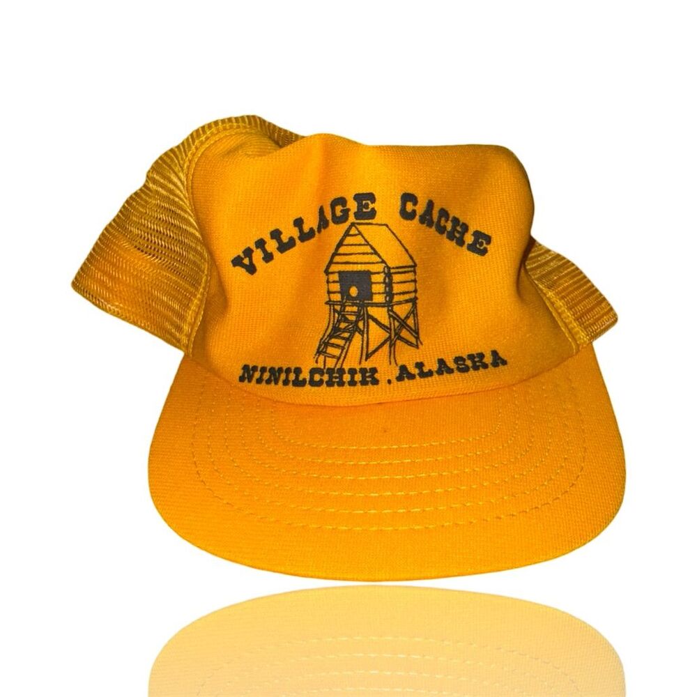 Vintage 80’s Village Cache Ninilchik Alaska Yellow Trucker Hat Adjustable
